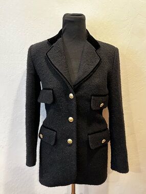 Sandro Black Tailored Bouclé Blazer with Gold Buttons